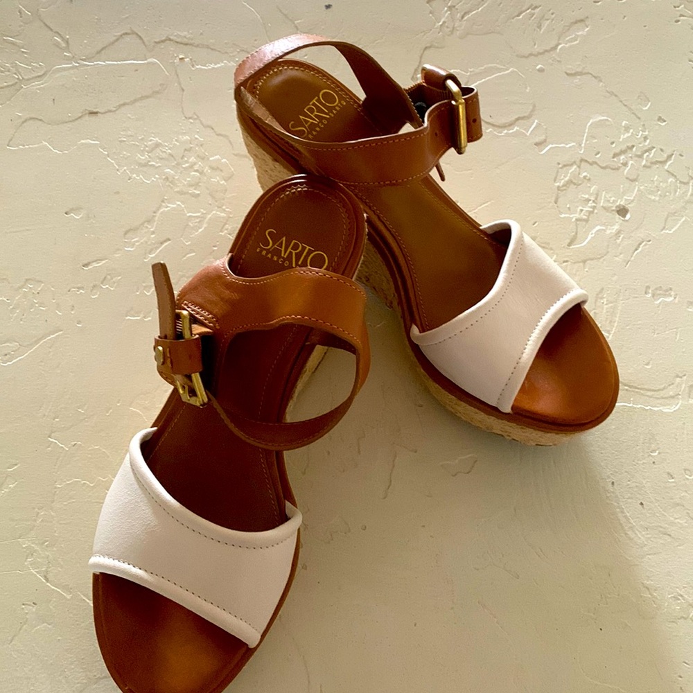 White & Brown Leather Wedge